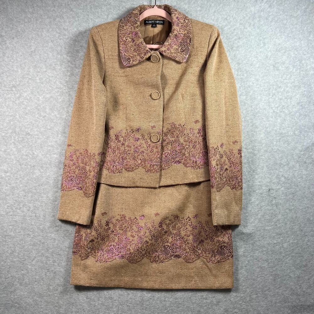 Albert Nipon Wool Silk Blend 2 Piece Skirt Suit Embroidered Floral Blazer Sz 10